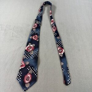 Don Loper Beverly Hills Mens Silk Tie Navy Blue Floral Polka Dot Italian Silk